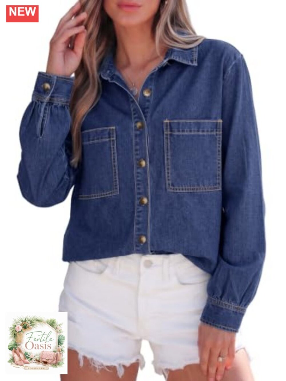 Women's Long Sleeve Button Down Denim Shirt - Cotton Blend
